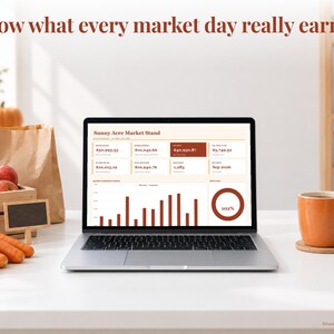 Farmers Market bookkeeping spreadsheet annual dashboard open on a laptop on a desk