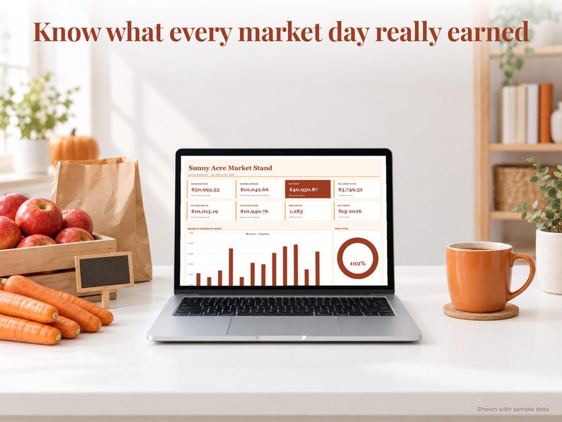 Farmers Market bookkeeping spreadsheet annual dashboard open on a laptop on a desk