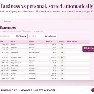 Expenses sheet where business or personal is filled in automatically from the category