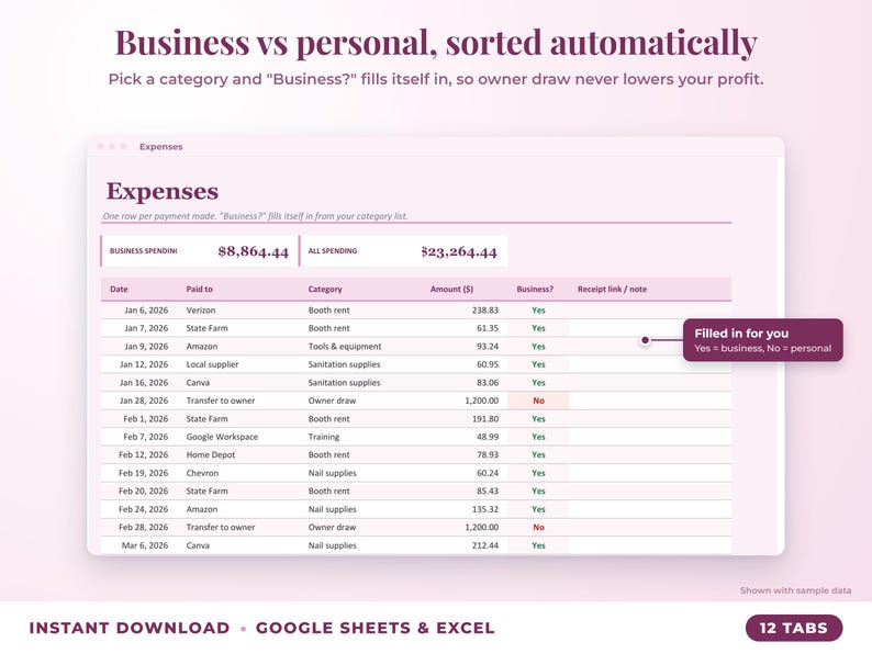 Expenses sheet where business or personal is filled in automatically from the category