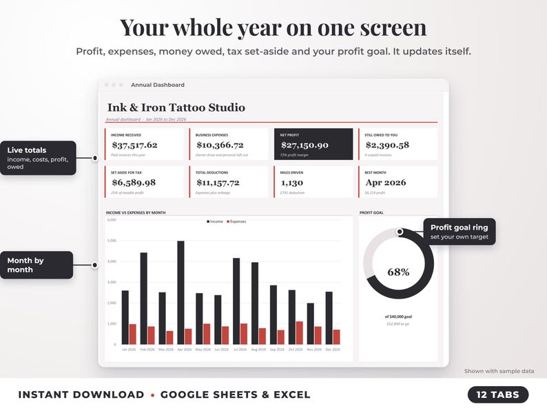 Annual dashboard with income, expenses, net profit, money owed, profit goal ring and category charts