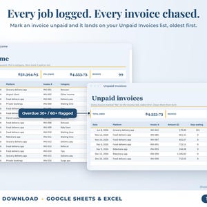 Income sheet and unpaid invoices list with overdue flags