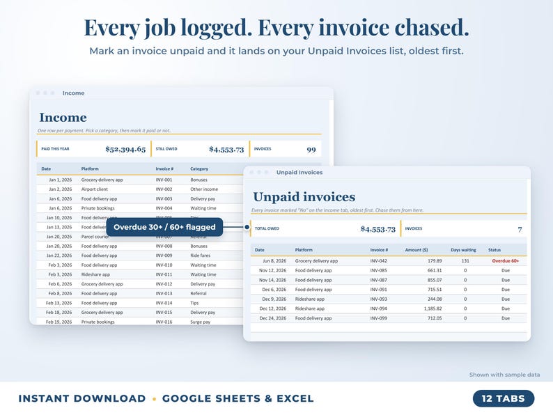 Income sheet and unpaid invoices list with overdue flags