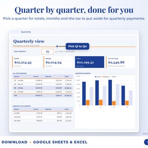 Quarterly view with quarter selector, quarterly totals, chart and tax set-aside