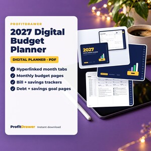 May include: A 2027 digital budget planner PDF by ProfitDrawer featuring hyperlinked month tabs, monthly budget pages, bill and savings trackers, and debt and savings goal pages, displayed on a tablet screen with a stylus nearby.