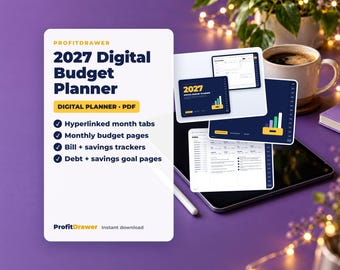 May include: A 2027 digital budget planner PDF by ProfitDrawer featuring hyperlinked month tabs, monthly budget pages, bill and savings trackers, and debt and savings goal pages, displayed on a tablet screen with a stylus nearby.