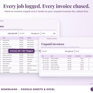 Income sheet and unpaid invoices list with overdue flags