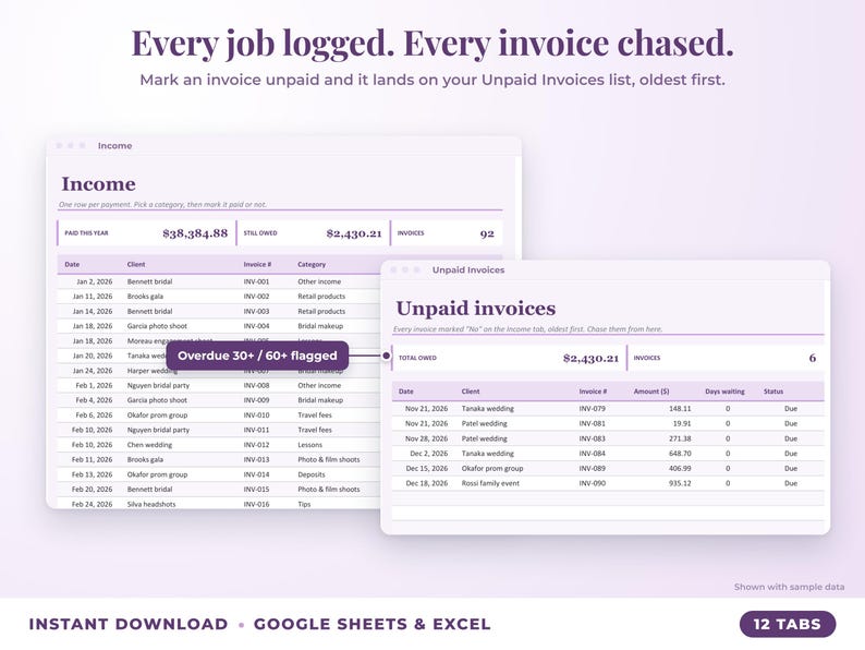 Income sheet and unpaid invoices list with overdue flags
