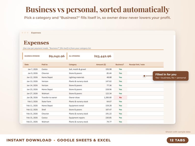Expenses sheet where business or personal is filled in automatically from the category