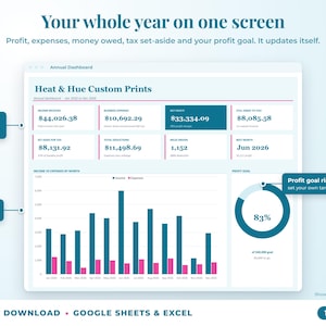 Annual dashboard with income, expenses, net profit, money owed, profit goal ring and category charts