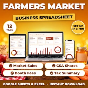 Farmers Market bookkeeping spreadsheet for Google Sheets and Excel on laptop, tablet and phone