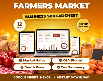 Tabellenkalkulation für die Buchhaltung von Marktverkäufern, Umsatz- und Ausgabenverfolgung für Marktstände, CSA-Anteile, Steuerübersicht (Google Sheets + Excel)