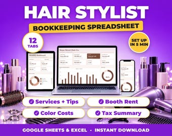 Kalkylblad för hårstylistbokföring, hyres- och dricksspårare för monter, inkomst- och utgiftsspårare för hårstylist (Google Sheets + Excel)