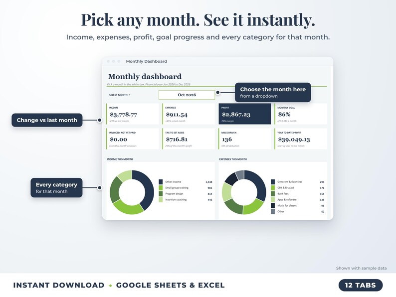 Monthly dashboard with a month dropdown, monthly profit, goal progress and category breakdown
