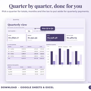 Quarterly view with quarter selector, quarterly totals, chart and tax set-aside