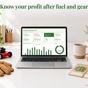 Lawn Care bookkeeping spreadsheet annual dashboard open on a laptop on a desk