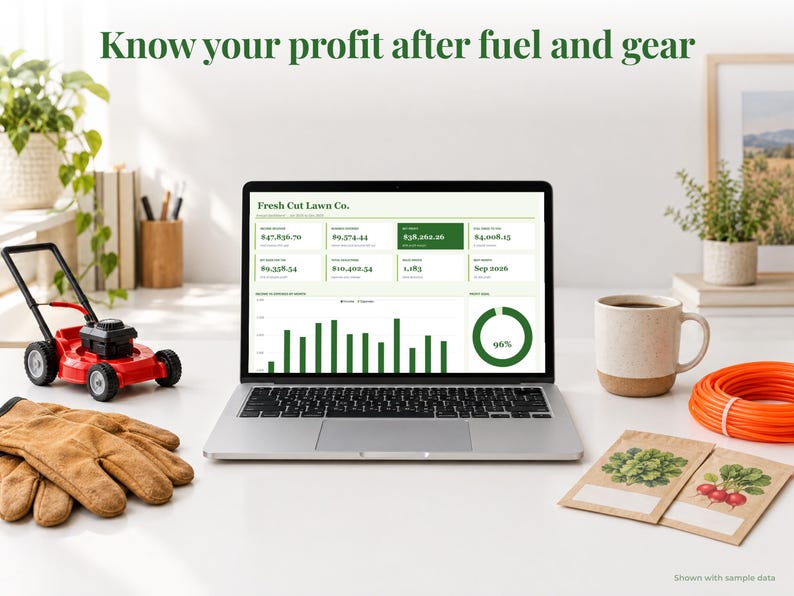 Lawn Care bookkeeping spreadsheet annual dashboard open on a laptop on a desk