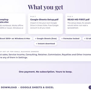What is included: 12-tab Excel workbook, Google Sheets setup guide and read-me-first guide