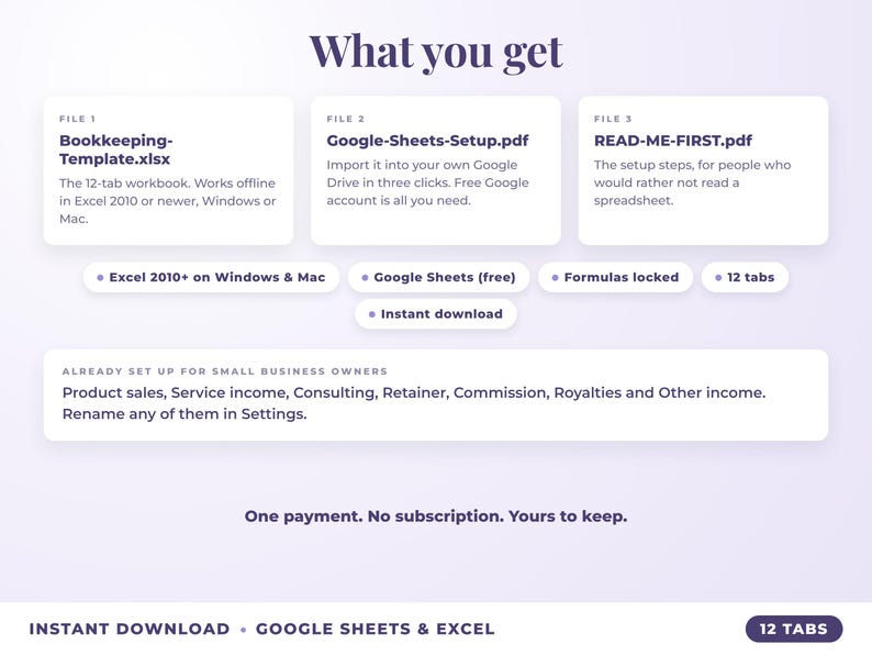 What is included: 12-tab Excel workbook, Google Sheets setup guide and read-me-first guide