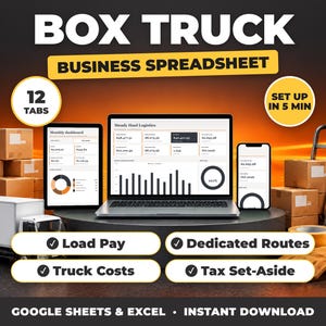 Box Truck bookkeeping spreadsheet for Google Sheets and Excel on laptop, tablet and phone