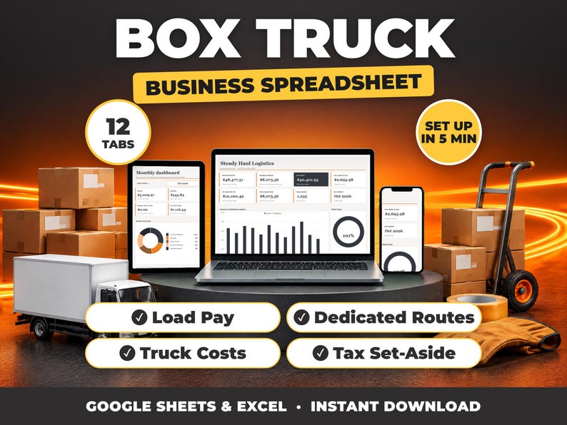 Box Truck bookkeeping spreadsheet for Google Sheets and Excel on laptop, tablet and phone