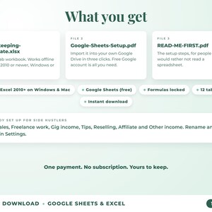 What is included: 12-tab Excel workbook, Google Sheets setup guide and read-me-first guide