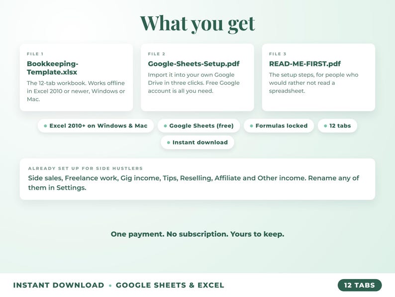 What is included: 12-tab Excel workbook, Google Sheets setup guide and read-me-first guide