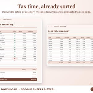 Tax summary with deductible totals, mileage deduction and suggested tax set-aside, plus monthly summary