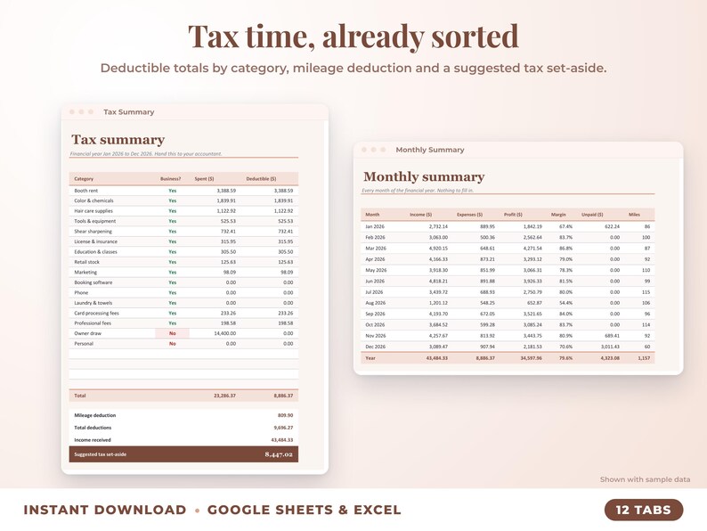 Tax summary with deductible totals, mileage deduction and suggested tax set-aside, plus monthly summary