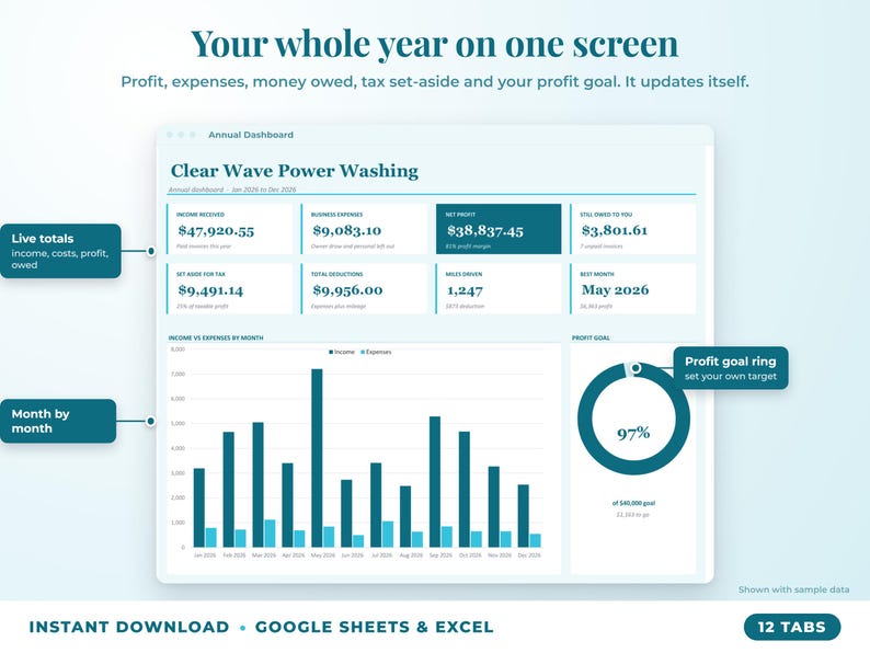 Annual dashboard with income, expenses, net profit, money owed, profit goal ring and category charts