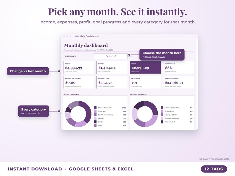 Monthly dashboard with a month dropdown, monthly profit, goal progress and category breakdown