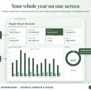 Annual dashboard with income, expenses, net profit, money owed, profit goal ring and category charts