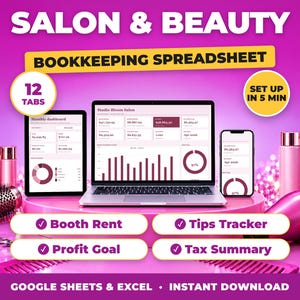Hoja de cálculo para contabilidad de salones de belleza / Seguimiento del alquiler de cabinas, seguimiento de ingresos y propinas de estilistas (Google Sheets, Excel)