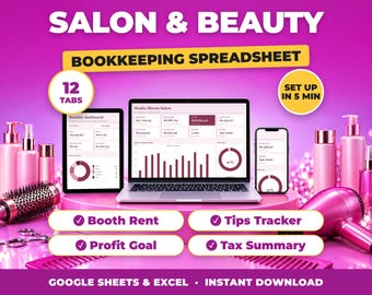 Salon Bookkeeping Spreadsheet | Booth Rent Tracker, Hair Stylist Income & Tip Tracker (Google Sheets, Excel)