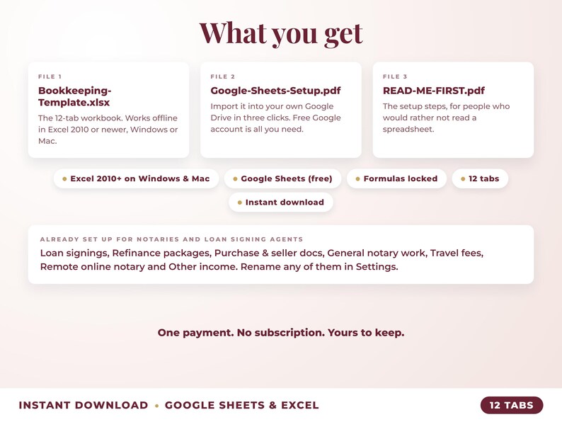What is included: 12-tab Excel workbook, Google Sheets setup guide and read-me-first guide