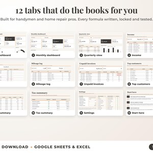 All 12 tabs of the bookkeeping spreadsheet: dashboards, income, expenses, mileage, unpaid invoices, top clients, tax summary
