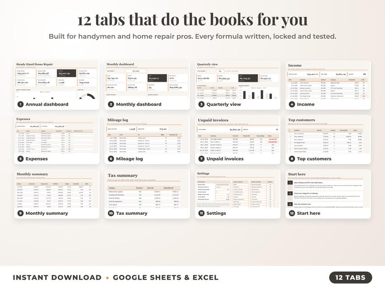 All 12 tabs of the bookkeeping spreadsheet: dashboards, income, expenses, mileage, unpaid invoices, top clients, tax summary