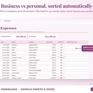 Expenses sheet where business or personal is filled in automatically from the category