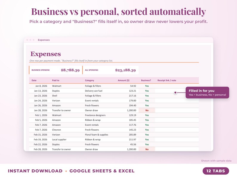 Expenses sheet where business or personal is filled in automatically from the category