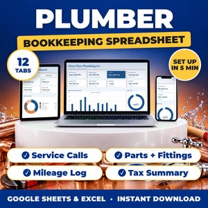 Plumber bookkeeping spreadsheet for Google Sheets and Excel on laptop, tablet and phone