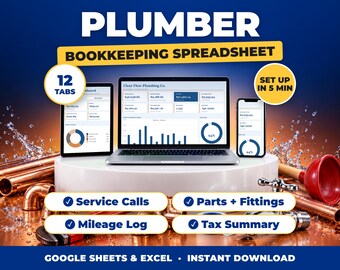 Kalkylblad för rörmokares bokföring, inkomst- och kostnadsspårare för rörmokarföretag, körsträckalogg, skattesammanfattning (Google Sheets + Excel)