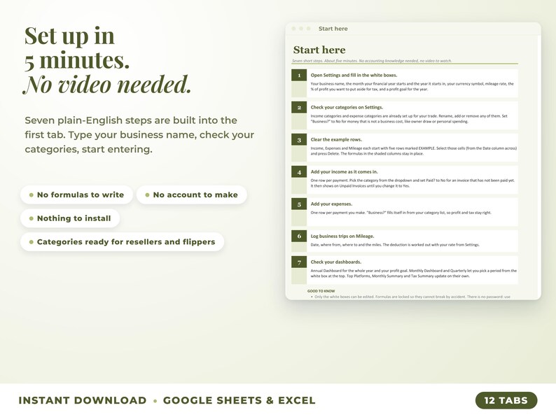Start here tab with seven setup steps, no video needed