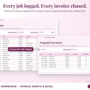Income sheet and unpaid invoices list with overdue flags