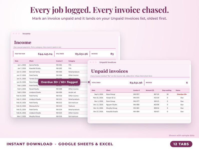Income sheet and unpaid invoices list with overdue flags