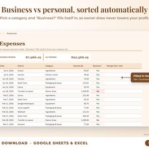 Expenses sheet where business or personal is filled in automatically from the category