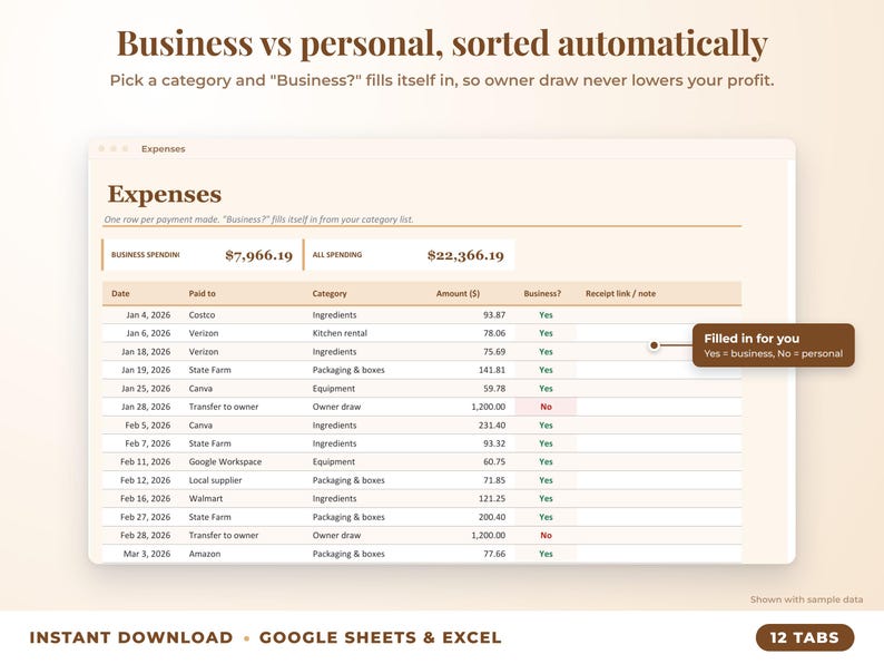 Expenses sheet where business or personal is filled in automatically from the category