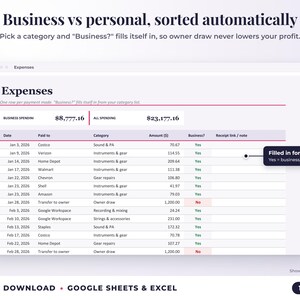 Expenses sheet where business or personal is filled in automatically from the category