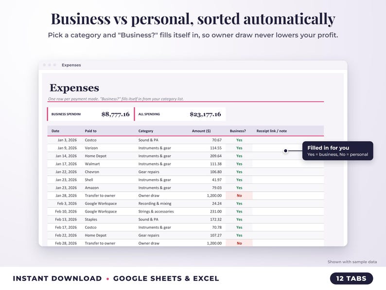 Expenses sheet where business or personal is filled in automatically from the category