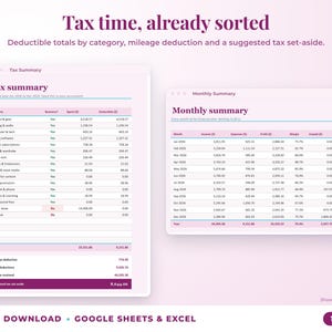 Tax summary with deductible totals, mileage deduction and suggested tax set-aside, plus monthly summary