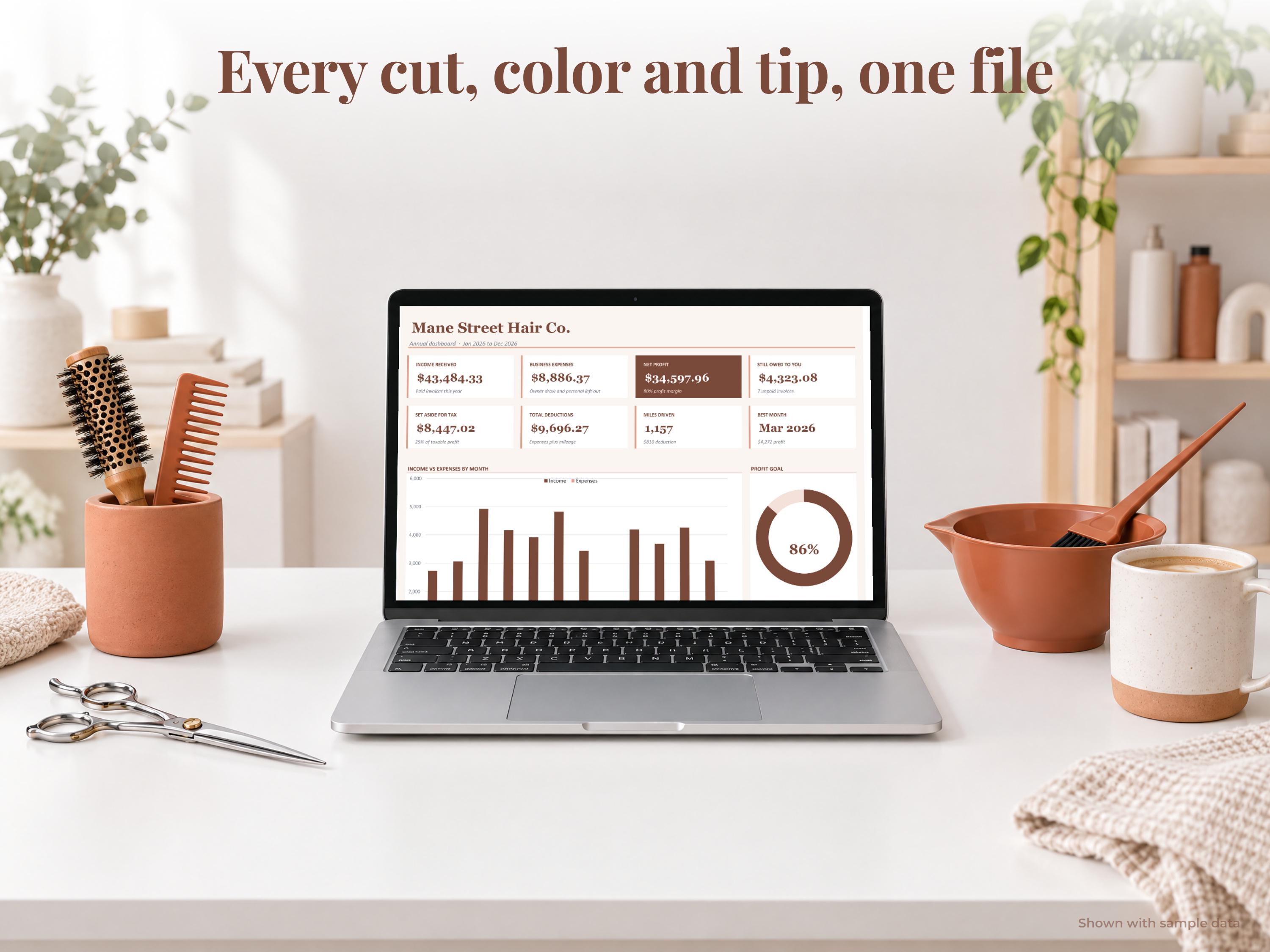 Hair Stylist bookkeeping spreadsheet annual dashboard open on a laptop on a desk